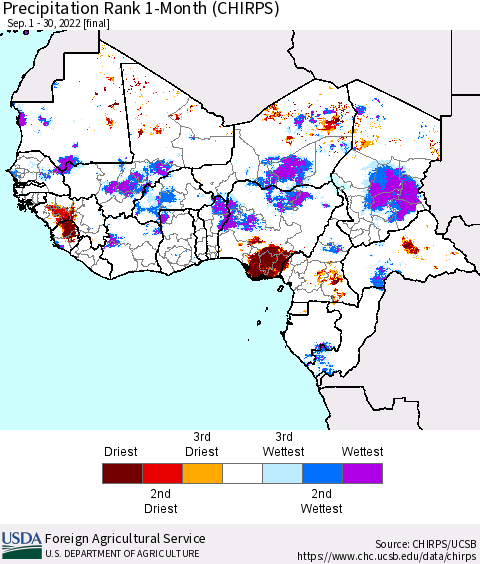 Western Africa Precipitation Rank since 1981, 1-Month (CHIRPS) Thematic Map For 9/1/2022 - 9/30/2022