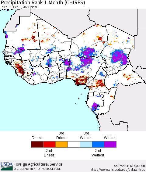 Western Africa Precipitation Rank since 1981, 1-Month (CHIRPS) Thematic Map For 9/6/2022 - 10/5/2022