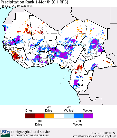 Western Africa Precipitation Rank since 1981, 1-Month (CHIRPS) Thematic Map For 9/11/2022 - 10/10/2022