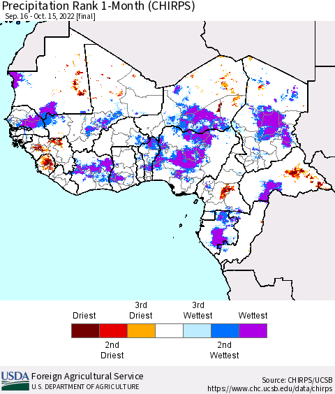 Western Africa Precipitation Rank since 1981, 1-Month (CHIRPS) Thematic Map For 9/16/2022 - 10/15/2022
