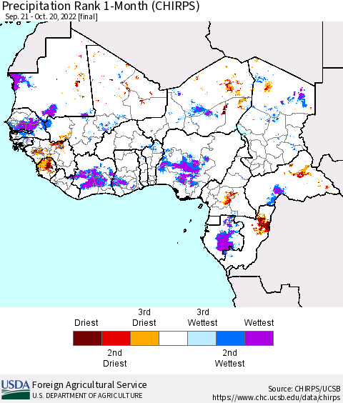 Western Africa Precipitation Rank since 1981, 1-Month (CHIRPS) Thematic Map For 9/21/2022 - 10/20/2022