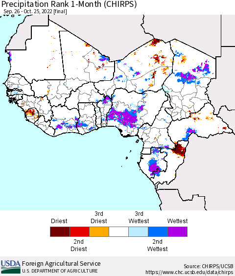 Western Africa Precipitation Rank since 1981, 1-Month (CHIRPS) Thematic Map For 9/26/2022 - 10/25/2022