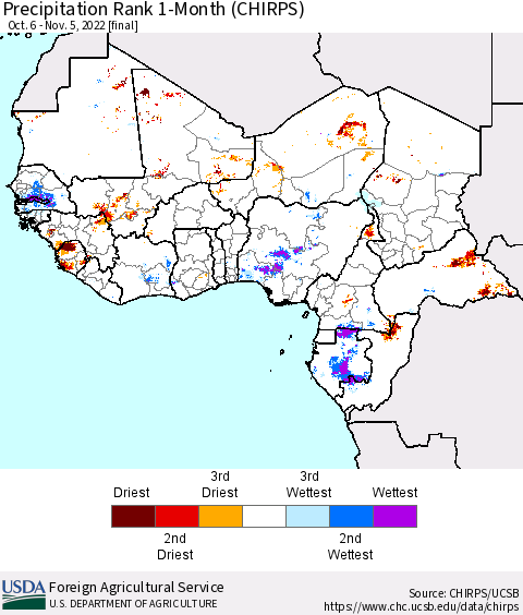 Western Africa Precipitation Rank since 1981, 1-Month (CHIRPS) Thematic Map For 10/6/2022 - 11/5/2022
