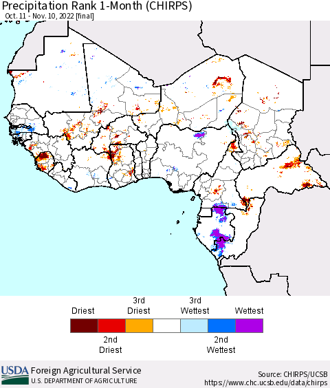 Western Africa Precipitation Rank since 1981, 1-Month (CHIRPS) Thematic Map For 10/11/2022 - 11/10/2022