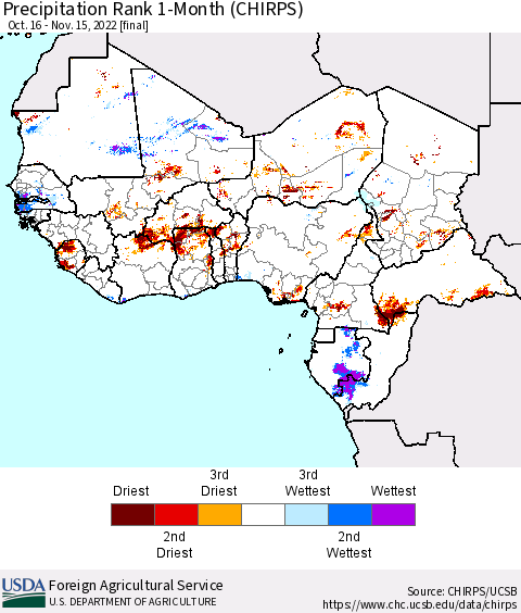 Western Africa Precipitation Rank since 1981, 1-Month (CHIRPS) Thematic Map For 10/16/2022 - 11/15/2022