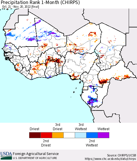 Western Africa Precipitation Rank since 1981, 1-Month (CHIRPS) Thematic Map For 10/21/2022 - 11/20/2022