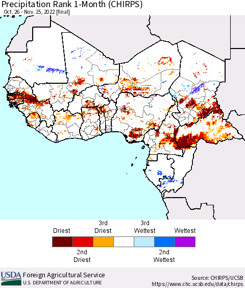 Western Africa Precipitation Rank since 1981, 1-Month (CHIRPS) Thematic Map For 10/26/2022 - 11/25/2022