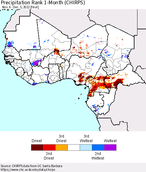 Western Africa Precipitation Rank since 1981, 1-Month (CHIRPS) Thematic Map For 11/6/2022 - 12/5/2022