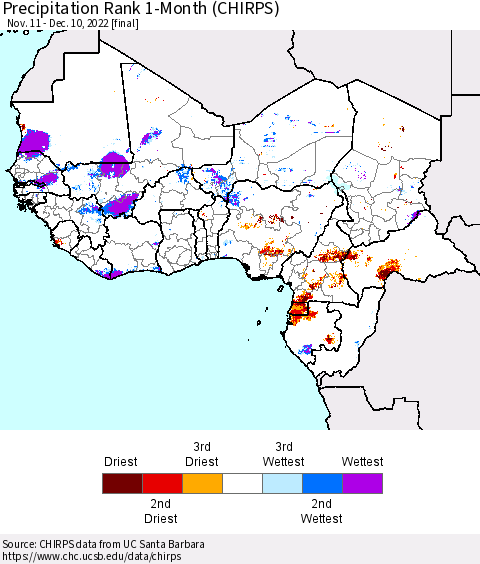 Western Africa Precipitation Rank since 1981, 1-Month (CHIRPS) Thematic Map For 11/11/2022 - 12/10/2022