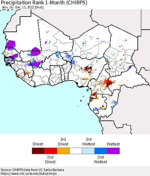 Western Africa Precipitation Rank since 1981, 1-Month (CHIRPS) Thematic Map For 11/16/2022 - 12/15/2022