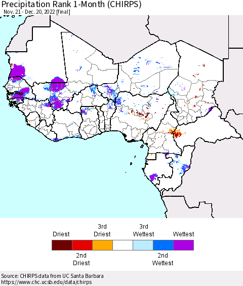 Western Africa Precipitation Rank since 1981, 1-Month (CHIRPS) Thematic Map For 11/21/2022 - 12/20/2022