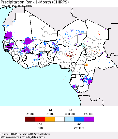 Western Africa Precipitation Rank since 1981, 1-Month (CHIRPS) Thematic Map For 11/26/2022 - 12/25/2022