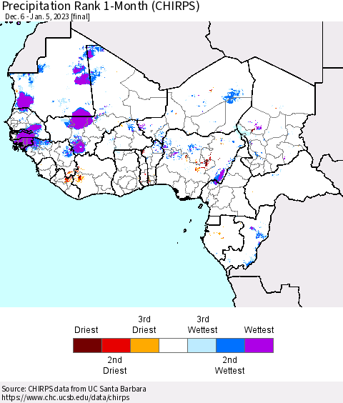 Western Africa Precipitation Rank since 1981, 1-Month (CHIRPS) Thematic Map For 12/6/2022 - 1/5/2023