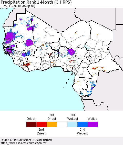 Western Africa Precipitation Rank since 1981, 1-Month (CHIRPS) Thematic Map For 12/11/2022 - 1/10/2023
