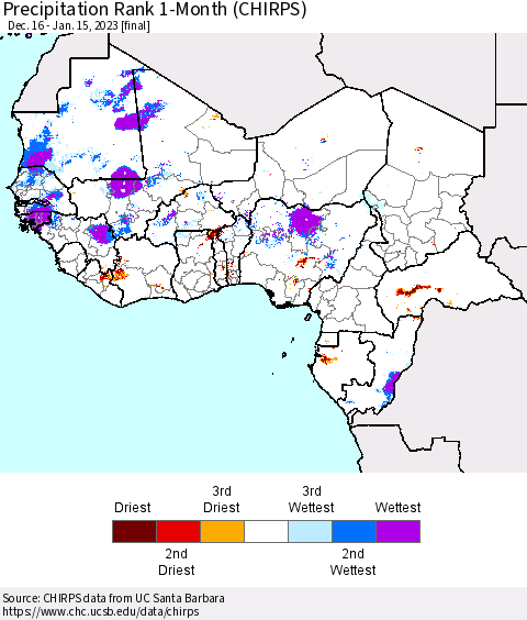 Western Africa Precipitation Rank since 1981, 1-Month (CHIRPS) Thematic Map For 12/16/2022 - 1/15/2023