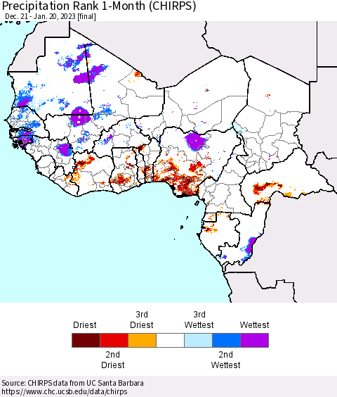 Western Africa Precipitation Rank since 1981, 1-Month (CHIRPS) Thematic Map For 12/21/2022 - 1/20/2023