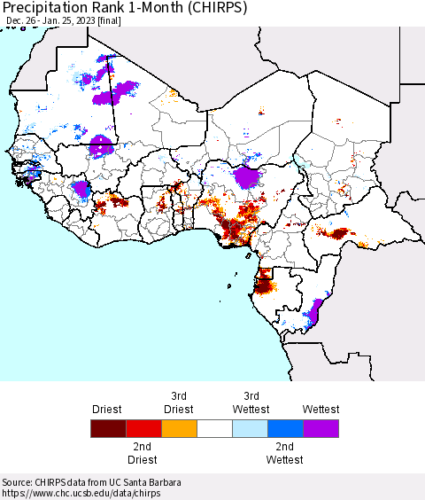 Western Africa Precipitation Rank since 1981, 1-Month (CHIRPS) Thematic Map For 12/26/2022 - 1/25/2023