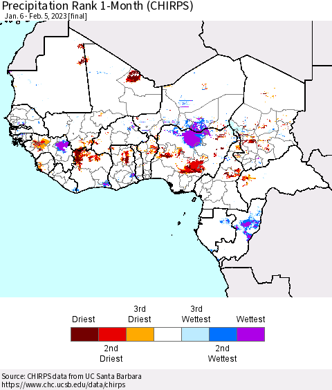 Western Africa Precipitation Rank since 1981, 1-Month (CHIRPS) Thematic Map For 1/6/2023 - 2/5/2023