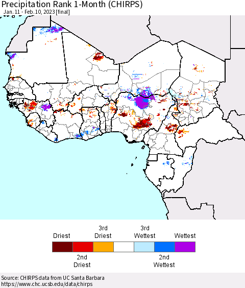 Western Africa Precipitation Rank since 1981, 1-Month (CHIRPS) Thematic Map For 1/11/2023 - 2/10/2023
