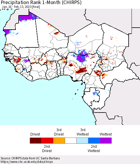 Western Africa Precipitation Rank since 1981, 1-Month (CHIRPS) Thematic Map For 1/16/2023 - 2/15/2023