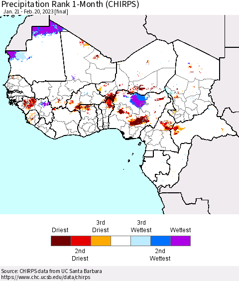 Western Africa Precipitation Rank since 1981, 1-Month (CHIRPS) Thematic Map For 1/21/2023 - 2/20/2023
