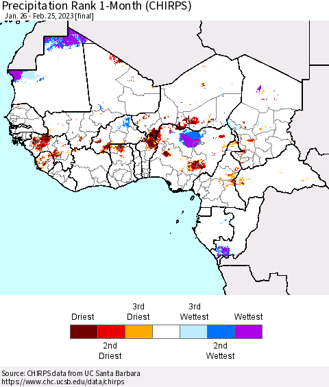 Western Africa Precipitation Rank since 1981, 1-Month (CHIRPS) Thematic Map For 1/26/2023 - 2/25/2023