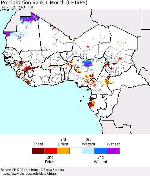 Western Africa Precipitation Rank since 1981, 1-Month (CHIRPS) Thematic Map For 2/1/2023 - 2/28/2023