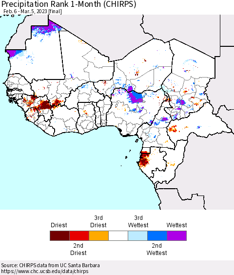 Western Africa Precipitation Rank since 1981, 1-Month (CHIRPS) Thematic Map For 2/6/2023 - 3/5/2023