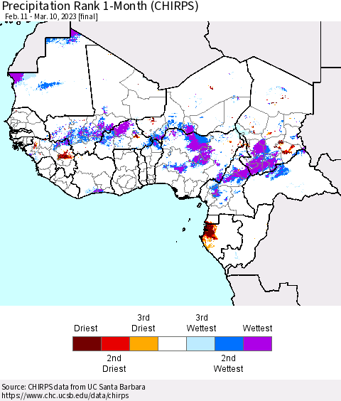 Western Africa Precipitation Rank since 1981, 1-Month (CHIRPS) Thematic Map For 2/11/2023 - 3/10/2023