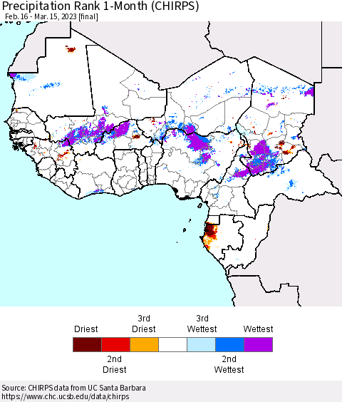 Western Africa Precipitation Rank since 1981, 1-Month (CHIRPS) Thematic Map For 2/16/2023 - 3/15/2023
