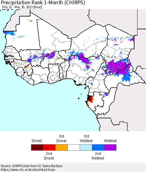 Western Africa Precipitation Rank since 1981, 1-Month (CHIRPS) Thematic Map For 2/21/2023 - 3/20/2023