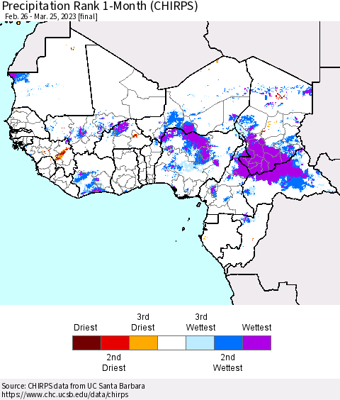 Western Africa Precipitation Rank since 1981, 1-Month (CHIRPS) Thematic Map For 2/26/2023 - 3/25/2023