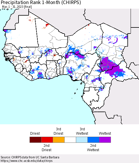 Western Africa Precipitation Rank since 1981, 1-Month (CHIRPS) Thematic Map For 3/1/2023 - 3/31/2023