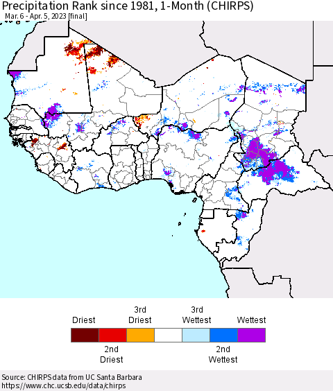 Western Africa Precipitation Rank since 1981, 1-Month (CHIRPS) Thematic Map For 3/6/2023 - 4/5/2023