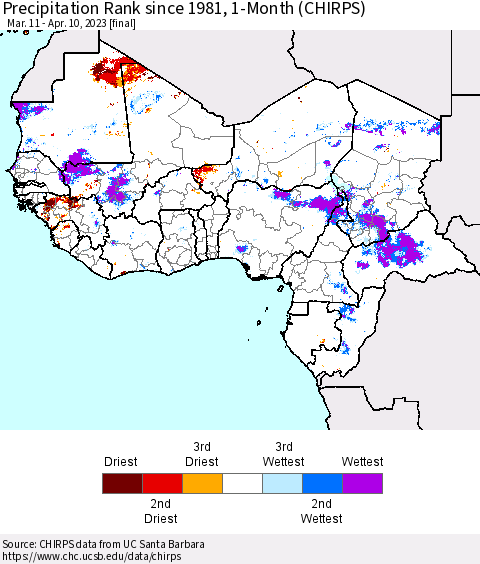 Western Africa Precipitation Rank since 1981, 1-Month (CHIRPS) Thematic Map For 3/11/2023 - 4/10/2023