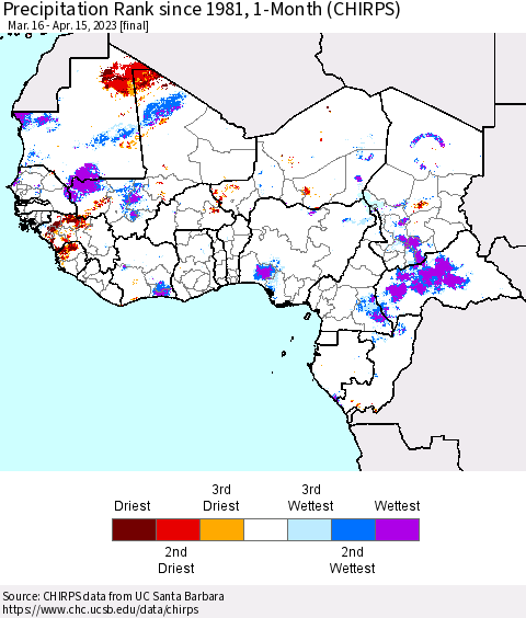 Western Africa Precipitation Rank since 1981, 1-Month (CHIRPS) Thematic Map For 3/16/2023 - 4/15/2023