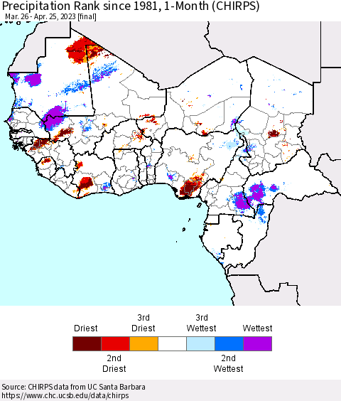Western Africa Precipitation Rank since 1981, 1-Month (CHIRPS) Thematic Map For 3/26/2023 - 4/25/2023