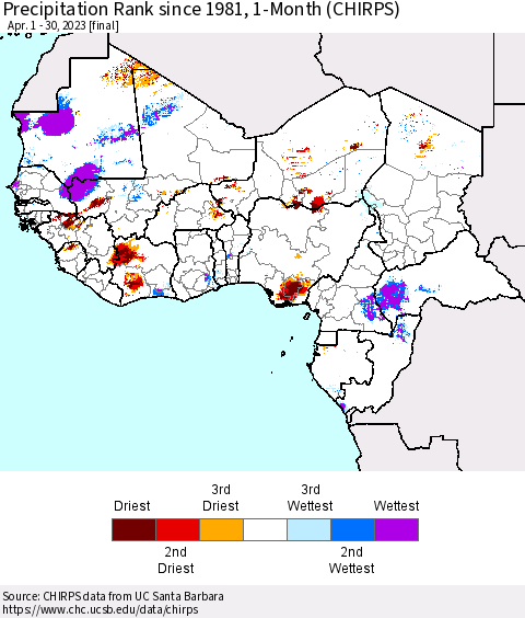 Western Africa Precipitation Rank since 1981, 1-Month (CHIRPS) Thematic Map For 4/1/2023 - 4/30/2023