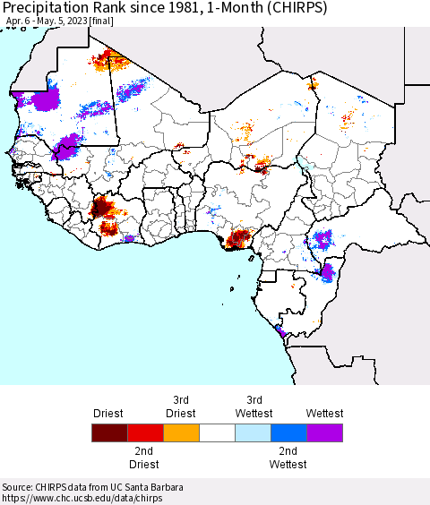 Western Africa Precipitation Rank since 1981, 1-Month (CHIRPS) Thematic Map For 4/6/2023 - 5/5/2023