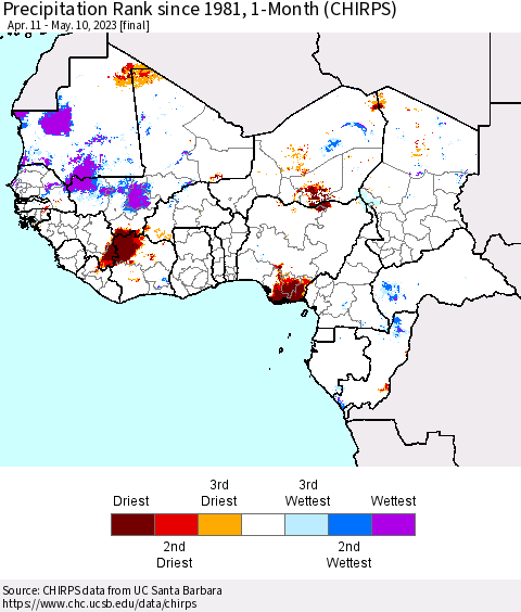 Western Africa Precipitation Rank since 1981, 1-Month (CHIRPS) Thematic Map For 4/11/2023 - 5/10/2023