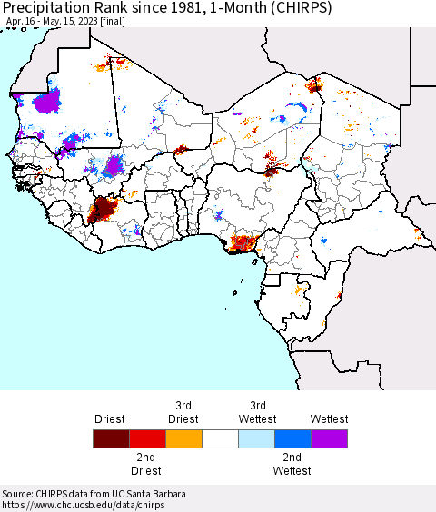 Western Africa Precipitation Rank since 1981, 1-Month (CHIRPS) Thematic Map For 4/16/2023 - 5/15/2023