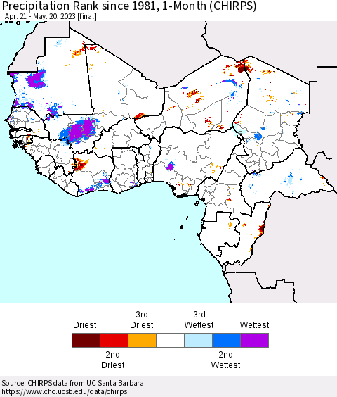 Western Africa Precipitation Rank since 1981, 1-Month (CHIRPS) Thematic Map For 4/21/2023 - 5/20/2023