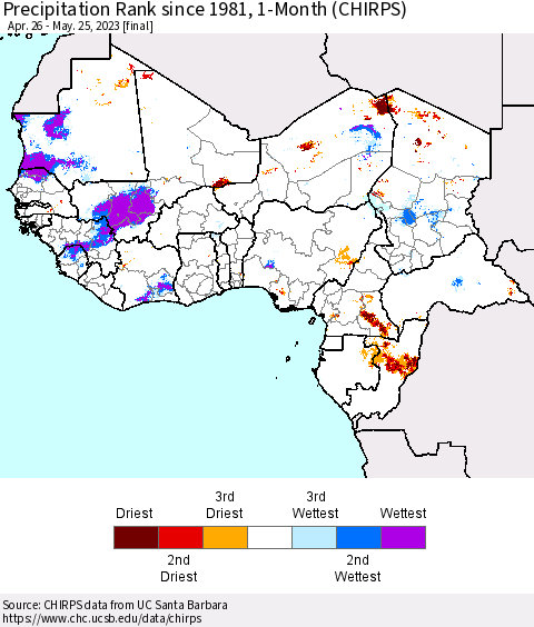 Western Africa Precipitation Rank since 1981, 1-Month (CHIRPS) Thematic Map For 4/26/2023 - 5/25/2023