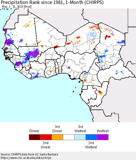 Western Africa Precipitation Rank since 1981, 1-Month (CHIRPS) Thematic Map For 5/1/2023 - 5/31/2023