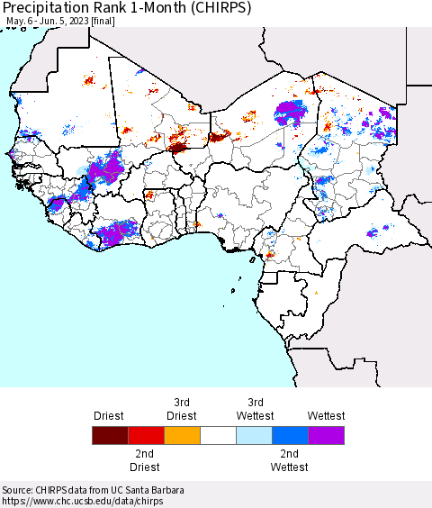 Western Africa Precipitation Rank since 1981, 1-Month (CHIRPS) Thematic Map For 5/6/2023 - 6/5/2023