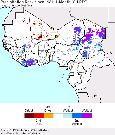 Western Africa Precipitation Rank since 1981, 1-Month (CHIRPS) Thematic Map For 5/11/2023 - 6/10/2023