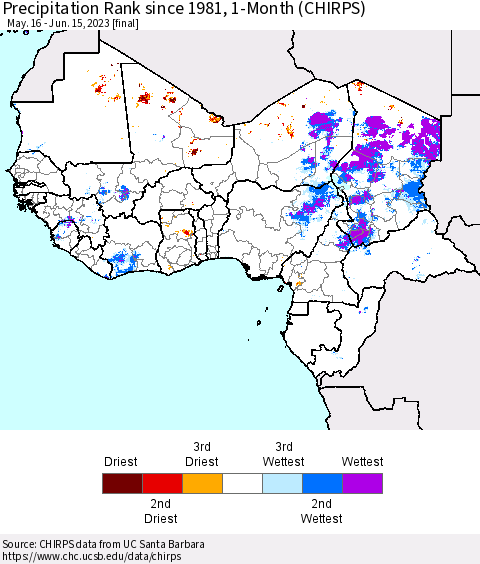 Western Africa Precipitation Rank since 1981, 1-Month (CHIRPS) Thematic Map For 5/16/2023 - 6/15/2023