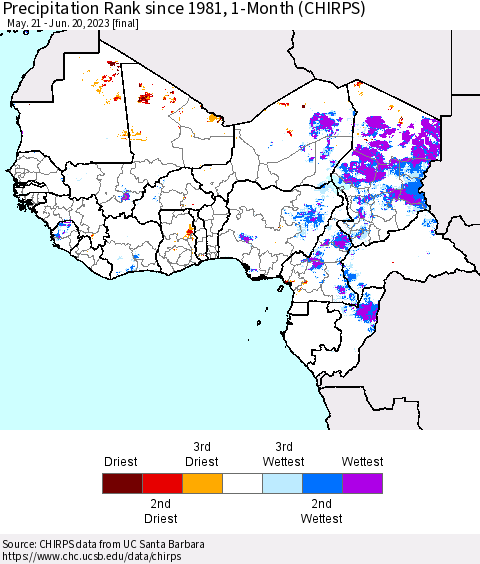 Western Africa Precipitation Rank since 1981, 1-Month (CHIRPS) Thematic Map For 5/21/2023 - 6/20/2023