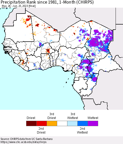 Western Africa Precipitation Rank since 1981, 1-Month (CHIRPS) Thematic Map For 5/26/2023 - 6/25/2023