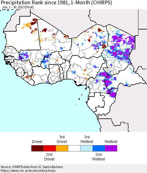 Western Africa Precipitation Rank since 1981, 1-Month (CHIRPS) Thematic Map For 6/1/2023 - 6/30/2023